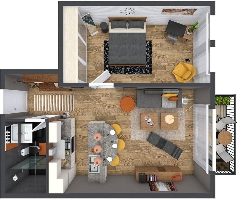 One bedroom apartment floor plan.