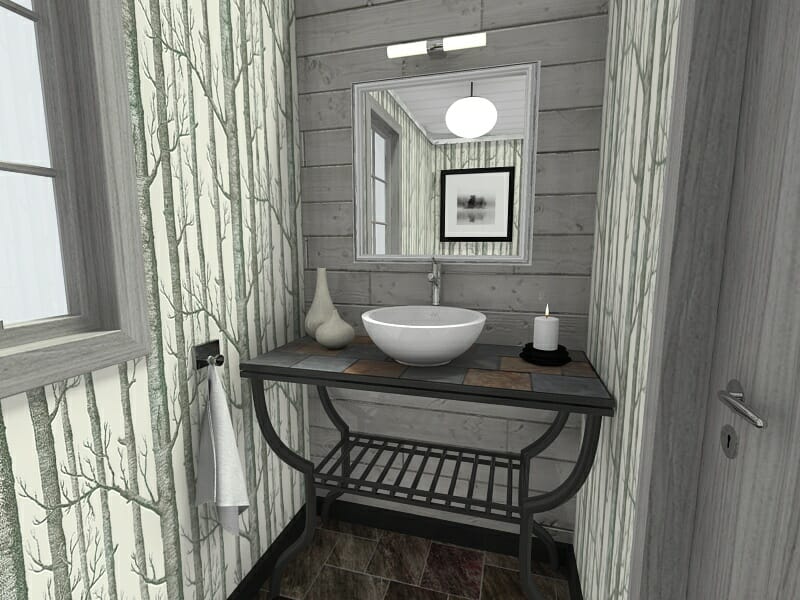 RoomSketcher Rustic Powder Room Design Idea Cole Sons Woods Wallpaper Bath Collection Castellon Washbasin